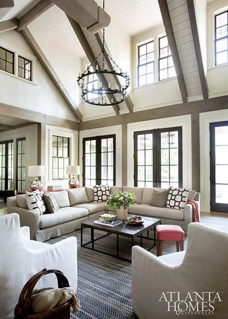 Making the Most of a Two-Story Living Room | MeganMorrisBlog.com Vaulted Ceiling Living Room Decor, Vaulted Ceiling Lighting, Vaulted Ceiling Living Room, Atlanta Homes, Interior Modern, Living Room Windows, Family Room Design, The Ceiling, Living Room Sectional