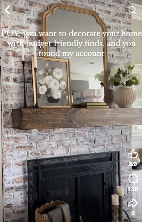 How To Decorate Brick Fireplace, Layered Mantle Decor Mirror, Red Brick Mantle Decor, Cottagecore Fireplace Mantle, Mantel With Mirror Decorating Ideas, Brick Fireplace Mantle Decor, Mantel Decorating Ideas With Mirror, Fireplace Mantle Mirror, Brick Fireplace Mantle