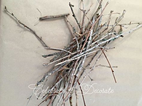 My yard has been littered with twigs. This seemed like the perfect time for a DIY wreath. Instead of purchasing a wreath form, I simply gathered twigs from the yard and brought them in to begin making my wreath. Diy Twig Wreath, Twig Stars, Front Door Swag, Twig Lights, Old Baskets, Door Swag, Twig Wreath, Wreath Forms, Diy Door