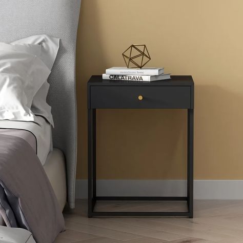 17 Stories Elenna 1 Drawer Bedside Table & Reviews | Wayfair.co.uk Metal Bedside Table Ideas, Dark Bedside Table, Mens Bedroom Furniture, Black Metal Bedside Table, Black Bedside Cabinets, Steel Bedside Table, Metal Bedside Table, Minimalist Bedside Table, Bedside Table Metal