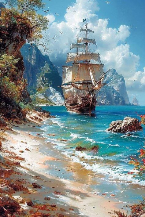 Sea And Ship Painting, Ghost Ship Art, Ocean Art Painting, Navi A Vela, Sailing Art, Ghost Ship, Ship Paintings, Boat Art, Landscape Art Painting