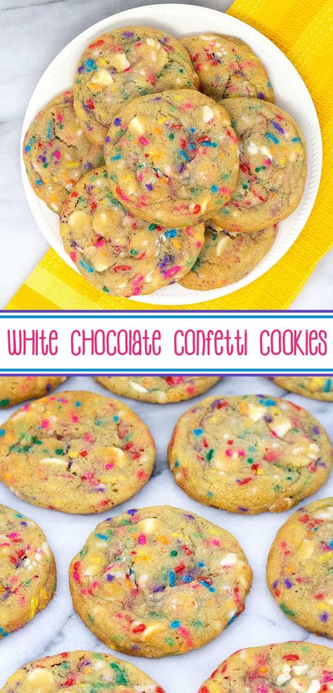 White Chocolate Confetti Cookies - gorgeous, soft and chewy, white chocolate and sprinkles, sugar cookies. #sarahsbakestudio #hookedoncookies #cookies #sugarcookies #whitechocolate #whitechocolatechips #sprinkles #confetticookies #cookierecipes #desserts Fancy Deserts, Confetti Cookies, Pie Cookies, Dream Food, Cookie Exchange, Desserts Recipes, Yummy Desserts, Yummy Sweets, Cherry Pie