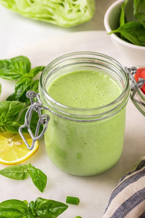 Basil green goddess dressing is the perfect way to give your next salad an upgrade! This version is lightened up, but still rich and creamy. Creamy Basil Dressing, Goddess Dressing Recipe, Ww Salads, Green Goddess Salad Dressing, Weight Watcher Points, Homemade Salad Dressings, Healthy Dressing, Health Meals, Goddess Dressing