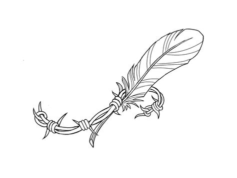 Barbed wire feather tattoo designed by Kim White free to use. Horse Cactus Tattoo, Country Artist Tattoos, Barb Wire Sleeve Tattoo, Feather Tattoos Western, Country Collar Bone Tattoo, Barbed Wire Star Tattoo, Western Barbed Wire Tattoo, Fine Line Barbed Wire Tattoo, Western Ankle Tattoos For Women