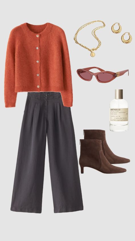 Button up cardigan with pleated trousers and suede boots. Orange Cardigan Outfit, Cardigan Styling, Orange Cardigan, Cardigan Outfit, Cardigan Outfits, Pinterest Fashion, Fall Favorites, Cardigan Fashion, Outfit Inspo Fall