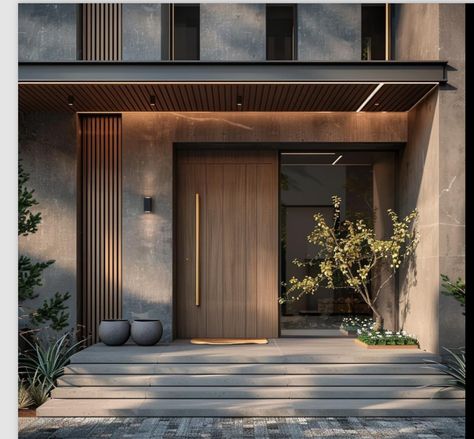 Front House Design Entrance Modern, Doors House Entrance, Wide Entrance Door, Large Entrance Door, Japandi House Entrance, Modern House Exterior Entrance, Fancy House Entrance, Front Of Modern House, Light Modern House Exterior