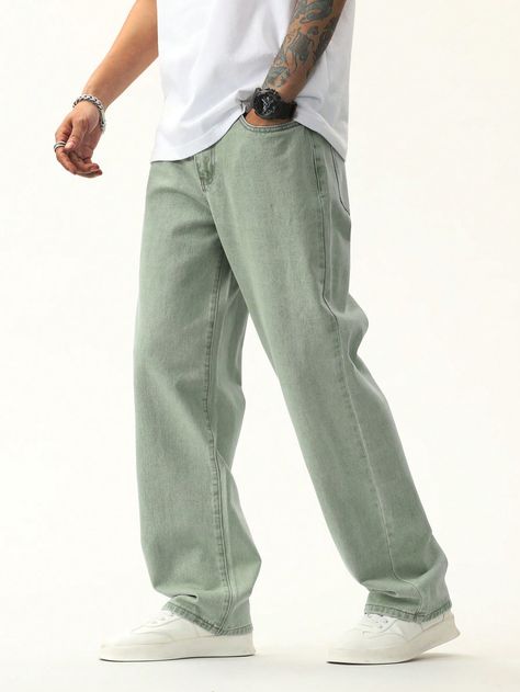 verde menta  Collar  Mezclilla Liso Pierna recta Embellished No-Elástico Outfits With Light Green Pants, Jeans Colours Men, Mens Straight Leg Pants, Light Green Outfit Men, Light Green Pants Outfit Men, Light Green Jeans Outfit, Green Jeans Outfit Men, Green Denim Outfit, Straight Leg Jeans Outfits Men