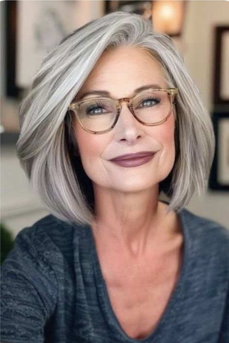 Eye Glasses For Women With White Hair, Hair Styles For 47 Year Old Woman, Blonde Bob Over 50, The Hairstyle Edit, Shoulder Length Bob With Side Bangs, Short Bob With Glasses, Age 60 Hairstyles, Hair Styles For Older Women Over 60, Short Bobs For Fine Hair Over 50