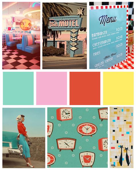 50s mood board 50s Moodboard, 50s Color Palette 1950s, Retro 50s Aesthetic, 50s Diner Color Palette, Retro Mood Board, 1950s Houses, 1950s Colors, Snowball Stand, Classical Drawing