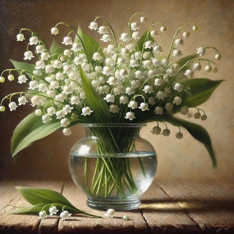 This exquisite oil painting captures the delicate beauty of a bouquet of lily of the valley flowers arranged in a clear glass vase on a rustic wooden surface. The tiny, white bell-shaped blossoms contrast elegantly against the lush green leaves, symbolizing purity and grace. The transparency of the vase is masterfully rendered, showcasing the refraction of light through the water and submerged stems. A few fallen blossoms rest gently beside the vase, adding a touch of natural charm. The softly textured background in warm, neutral tones enhances the painting's classic and serene atmosphere. Expressive yet refined brushstrokes create a harmonious blend of realism and impressionism, making this piece a timeless and elegant work of art. Refraction Of Light, Lily Of The Valley Flowers, Clear Glass Vase, Valley Flowers, Clear Glass Vases, Delicate Beauty, Lily Of The Valley, Lush Green, Neutral Tones