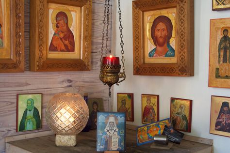 Icon Corner Ideas, Orthodox Icon Corner, Prayer Corner Christian, Orthodox Prayer Corner, Icon Corner, Spiritual Garden, Orthodox Prayers, Prayer Corner, Spiritual Advisor