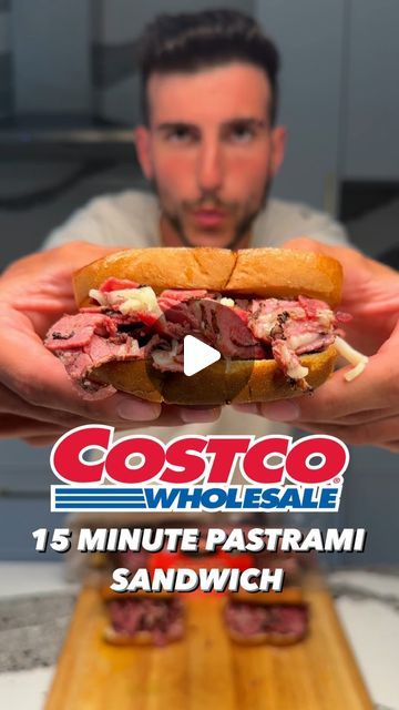 Salaar Pourkhalili | Online Trainer on Instagram: "15-Minute Meals from Costco pt. 6👇🏼

This Sliced Pastrami Sandwich may be my favorite meal in the series so far, and definitely the fastest! 

All you have to do is buy the Deli-Style Sliced Pastrami from Costco 

So instead of complaining about not having enough time to cook healthy food, save this recipe and follow me instead!

1. Buy the deli style sliced pastrami shown in the video 
2. Chop into smaller pieces and cook on med-high heat for 5-6 min or until crispy 
3. Mix in 56g low-fat mozzarella until melted
4. Assemble your sandwich with some 70-cal/slice bread that’s toasted (I use Lewis Bake Shop), Dijon or horseradish, and 5oz of your pastrami per sandwich 
5. Enjoy 🤤

Per sandwich: 305 CAL | 23P |10F | 29C
Entire batch (4): 12 Homemade Turkey Deli Meat, Costco Turkey Provolone Sandwich, How To Make Turkey Deli Meat, Grilled Pastrami Sandwich, Pastrami Sandwich Recipe, Culinary Hill Loose Meat Sandwich, How To Make Pastrami, Sandwich Video, Pastrami Sandwich