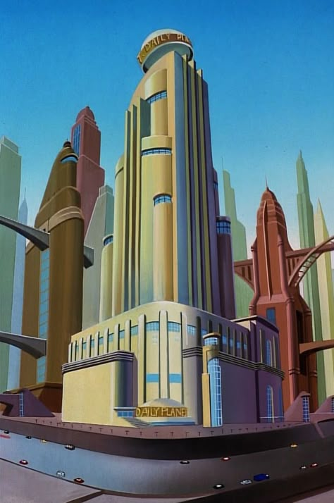 Batman The Animated Series Art, Dieselpunk Art, Superman The Animated Series, Art Deco City, Dark Deco, Googie Architecture, Daily Planet, Art Deco Illustrations, Futurism Art