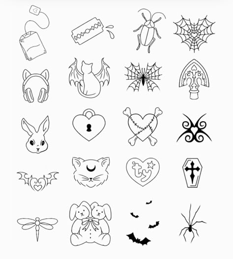 Flash Stick And Poke, Tiny Creepy Tattoos, Witchcraft Flash Tattoo, Small Gothic Tattoos For Women, Small Goth Doodles, Halloween Tattoo Flash Art Simple, Simple Halloween Tattoo Flash, Goth Patchwork Tattoo Ideas, Goth Doodle Tattoo