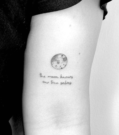 51 Dreamy Moon Tattoos To Brighten Up Your Aura - Our Mindful Life Look At The Moon Tattoo, Moon Tattoo Meaningful, She Was Like The Moon Tattoo, Moon And Quote Tattoo, Moon Tattoos With Meaning, Moon Tattoo Designs With Quotes, Full Moon Minimalist Tattoo, Tattoos About The Moon, Moon Quotes For Tattoos