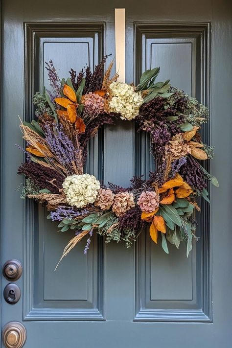 21 Fall Wreath Ideas to Welcome Autumn Metallic Pumpkins, Fall Wreath Ideas, Dried Wreath, Porch Wreath, Welcome Autumn, Autumn Wreaths For Front Door, Fall Door Hangers, Dried Flower Wreaths, Diy Fall Wreath