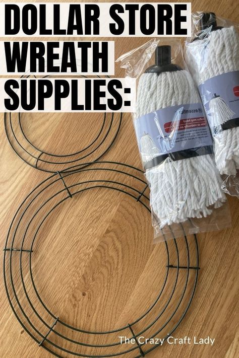 Dollar Store Mop Wreath Supplies Dollar Tree Crafts Wreaths, Dollar Store Wreaths Diy, Dollar Store Mop Wreath, Dollar Tree Mop Wreath, Dollar Store Wreath Ideas, Dollar Tree Bunny Wreath Form Ideas, Mop Crafts Ideas, Dollar Store Snowman Wreath, Dollar Store Easter Crafts