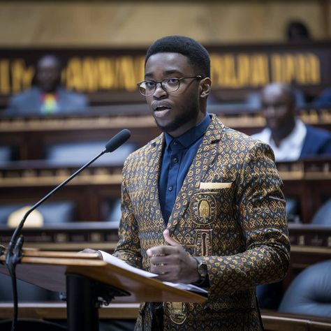 [4/16, 10:47 PM] Yaamoah Global Trading: A captivating and professional photograph of a young Ghanaian man named Courage giving an eloquent speech in the Parliament. He is dressed in a formal suit, with a confident smile and a serious demeanor. The background features the grand Parliament chamber, with its ornate architecture and regal atmosphere. The audience is attentively listening to Courage's words, emphasizing the importance and impact of his message. Giving Speech, Ornate Architecture, Youth Conference, Formal Suit, Professional Dresses, Formal Suits, Guy Names, Event Photography, Architecture