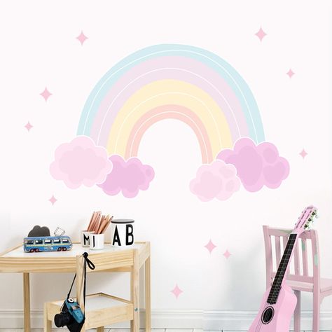 Cartoon Wall Decals Pink Rainbow Clouds Stars Room Makeover Bedroom Ideas, Cute Girl Toddler, Layout Product, Rainbow Wall Mural, Pediatric Clinic, Wall Mural Ideas, Wall Paint Ideas, Rainbow Clouds, Rainbow Nursery