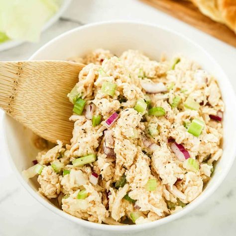 Chicken Salad Recipe Without Mayo | Get On My Plate Chicken Salad Recipe No Mayo, Chicken Salad Without Mayo, Chicken Salad No Mayo, Panini Recipes Chicken, Homemade Chicken Salads, Crunchy Veggies, Crab Salad Recipe, Delicious Chicken Salad, Rotisserie Chicken Breast