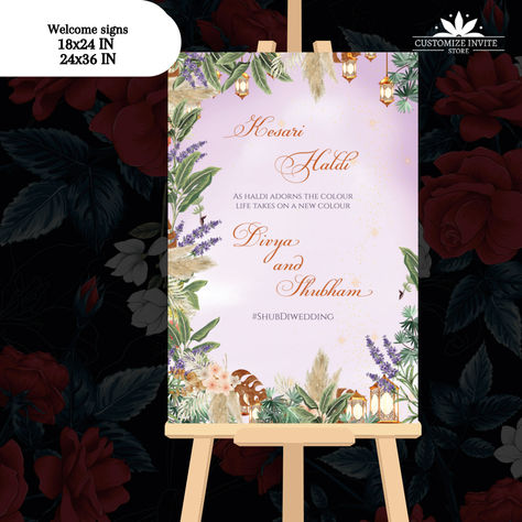 #kesarihaldi #weddingsigns #welcome signages Lavender Themed Wedding, Lavender Theme, Unique Wedding Signs, Welcome Signage, Wedding Edit, Signage Board, Welcome Sign Printable, Welcome Sign Wedding, Welcome Board