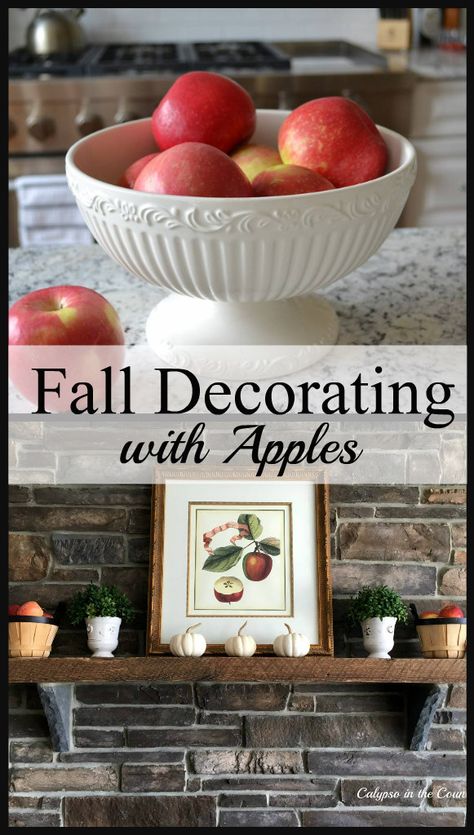 Fruits of the Season – Decorating with Apples.  Pumpkins shouldn't get all the attention...these are easy ways to use apples in your fall decor. #apples #falldecor #falldecorideas #falldecorating Apple Table Decorations, Early Fall Decorating, Front Porch Decor Fall, Apple Table, Primitive Fall Decor, Porch Decor Fall, Cozy Fall Aesthetic, Apple Recipes Easy, Fall Vignettes