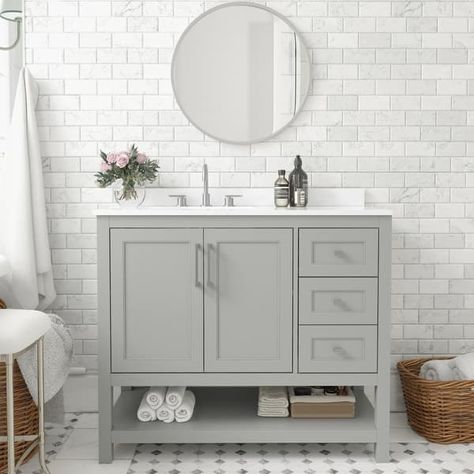 Bathroom Vanity with Sink, Open Storage, and Storage Drawers - On Sale - Bed Bath & Beyond - 38231997 Chic Bathroom Vanity, Bathroom Materials, 36 Inch Bathroom Vanity, Beautiful Bathroom Designs, Drop In Kitchen Sink, Ceramic Undermount Sink, Bathroom Vanity With Sink, Chic Bathroom, Vanity With Sink