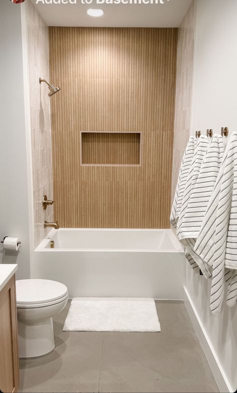 Toilet And Tub Room, Small Bath Update, Shower Wall And Floor Tile Same, Bath With Wood Panel, Small Bathroom Wood Tile, Master Shower Next To Toilet, Wood Tile Backsplash Bathroom, Bath Tub Insert With Tile, Regular Bathroom Ideas