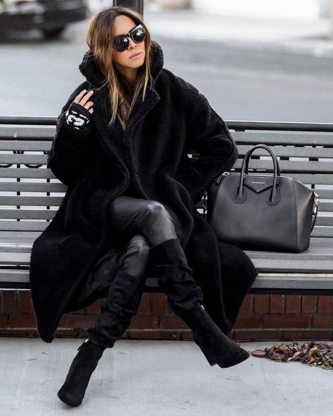 Black Fur Coat Outfit Classy, Black Teddy Coat Outfit, Black Fur Coat Outfit, Black Teddy Coat, Scoop Sweaters, Fur Coat Outfit, Black Fur Coat, Walmart Fashion, Coat Outfit