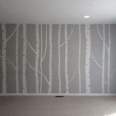 Hand painted birch tree wall mural - made by taping off the trunks and branches, then going back over it to brush in the details. Birch Tree Nursery, Birch Tree Mural, Birch Tree Wall, Tree Wall Mural, Painted Trees, White Birch Trees, Birch Tree Painting, Tree Wall Murals, Tree Mural