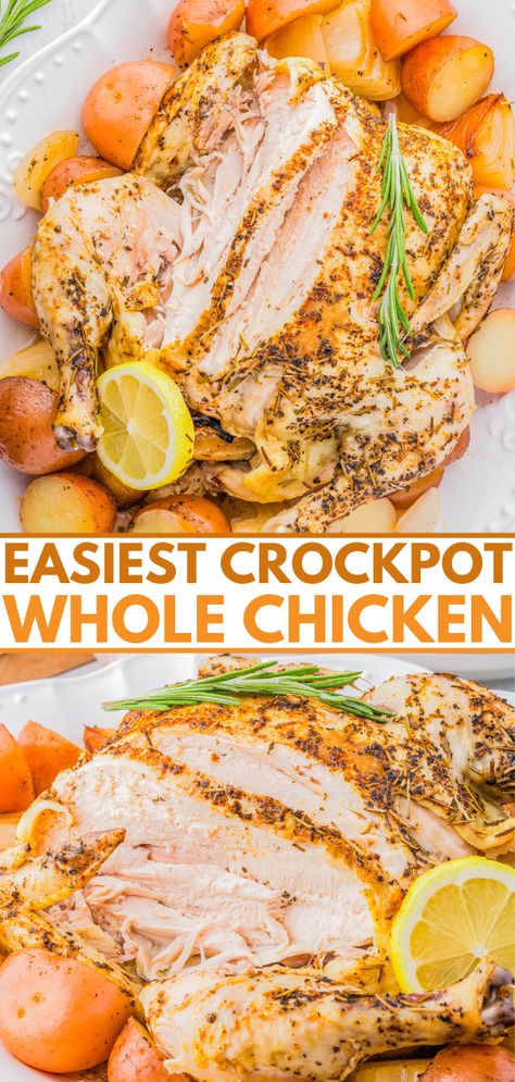 Crock-Pot Whole Chicken - 🍗🙌🏻😋 The EASIEST way to cook a whole chicken because your slow cooker does all the work for you! The chicken is lightly flavored with lemon, garlic and herbs, and turns out so moist, juicy, and tender! Potatoes cook alongside the chicken to create an effortless built-in side dish. Planned leftover chicken is always great to have on hand and if a recipe calls for shredded rotisserie chicken, use this instead! Crockpot Whole Chicken, Cook A Whole Chicken, Shredded Rotisserie Chicken, Leftover Chicken Recipes, Whole Chicken Recipes, Whole Roasted Chicken, Chicken With Olives, Chicken Slow Cooker Recipes, Citrus Chicken