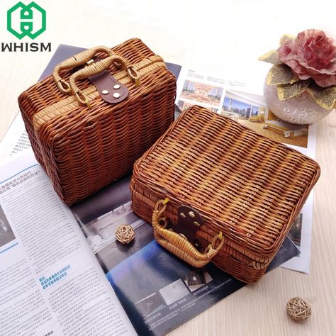 WHISM Travel Picnic Basket Handmade Wicker Storage Case Vintage Suitcase Props Box Weave Bamboo Boxes Outdoor Rattan Organizer-in Storage Baskets from Home & Garden on Aliexpress.com | Alibaba Group Suitcase Storage, Picnic Accessories, Bamboo Box, Small Suitcase, Wicker Picnic Basket, Luxury Clutch, Woven Baskets Storage, Wicker Bags, Vintage Suitcase