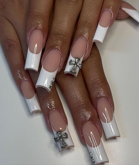 Nails Acrylic With Cross Charm, Acrylic Nails With Crosses, Chrom Heart Cross Nails, Chrome Cross Nails, Nail Inspo Cross, Cross Nails Acrylic, French Tip Nails Y2k, Drake Nails, Concert Nails Ideas