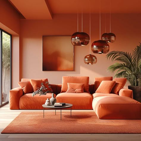 Add a Splash of Color with Orange Interior Design • 333+ Images • [ArtFacade] Huge Living Room Designs, Orange Interior Design Inspiration, Sunset Interior Design, Orange Couch Living Room Ideas, Orange Couch Living Room, Fireplace Ideas Living Room, Monochromatic Rooms, Orange Interior Design, Orange Interiors