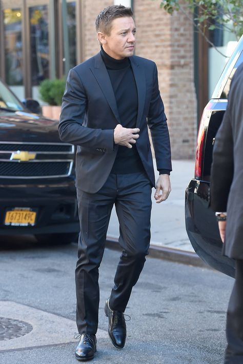 Jeremy Renner in black turtleneck Black Suit Black Turtleneck Men, Turtleneck Formal Outfit Men, Turtleneck Suit Men, Mens Turtleneck Outfits Classy, Black Suit Men Casual, Turtleneck Blazer Outfit, Suit With Turtleneck Men, Black Turtleneck Outfit Men, Business Outfit Men