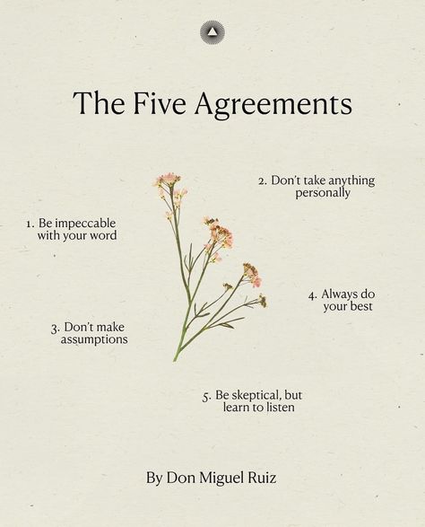 The Five Agreements by Don Miguel Ruiz emphasize speaking with integrity, not taking things personally, avoiding assumptions by communicating clearly, always doing your best regardless of circumstances, and being skeptical while remaining open to learning. These agreements guide a life of personal freedom, self-awareness, and improved relationships by fostering honesty, understanding, and flexibility. #thefiveagreements #donmiguelruiz #truthfulness #lettinggo #communicate #openmindedness #fre... Taking Things Personally Quotes, Skeptical Quotes, The Five Agreements, Quotes On Honesty, Taking Things Personally, Doing Your Best, Personal Integrity, Personal Freedom, Mentally Strong