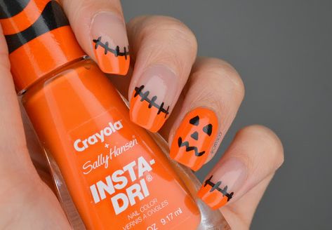 Jack O Lantern Nail Designs, Jackolantern Nails, Jack O Lantern Nails, Candy Corn Nails, Pumpkin Nail Art, Rainbow Nail Art, Rainbow Nail, Spooky Nails, Sally Hansen Nails