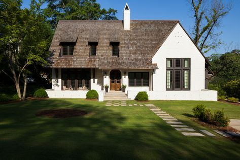 HOMEWOOD RENOVATION — KRUMDIECK ARCHITECTURE + INTERIORS Brick Farmhouse, Cedar Shake Roof, Cedar Shake, Transitional Exterior, Shake Roof, White Siding, Brown Roof, Modern Lake House, Cedar Shakes