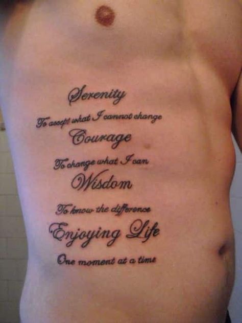 This is one long quote tattoo for men, which covers a large part of the man's body. It establishes the main values and goals in life so it can serve as real life lessons that the owner wants to remember.   #tattoos #tattoofriday #tattooart #tattoodesign #tattooquotes  #quotetattoosforguys #man'sfashion #man'slife More Tattoos Quotes, Men Rib Tattoo Ideas, Life Tattoos For Men, Female Quote Tattoos, Men Rib Tattoo, Family Tattoo Quotes, Rib Cage Tattoo Ideas, Quote Tattoos For Guys, Life Tattoo Quotes