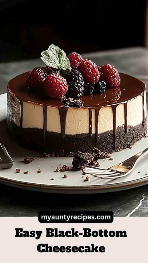 Looking for the perfect Friendsgiving dessert? This Decadent Black-Bottom Cheesecake is a must-try! Featuring a rich chocolate bottom layer topped with creamy cheesecake, it's a winter treat that will impress your guests. Ideal for your Friendsgiving dinner or any winter celebration, this dessert combines the best of both worlds—chocolate and cheesecake. Try this delicious winter dessert recipe for your next gathering and create lasting memories around the table. Chocolate Truffle Cheesecake, Christmas Chocolate Cheesecake, New Year’s Eve Cheesecake, Chocolate Topping For Cheesecake, Chocolate Cheesecake Decoration, Cake Bottom Cheesecake, Tuxedo Cheesecake Recipe, Boysenberry Cheesecake, Chocolate Crust Cheesecake