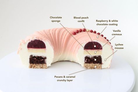 Peach Entremet, Entremet Cake, Peach Mousse, Cake Layers, Chocolate Sponge, White Chocolate Raspberry, Chocolate Coating, Mousse Cake, Pecans