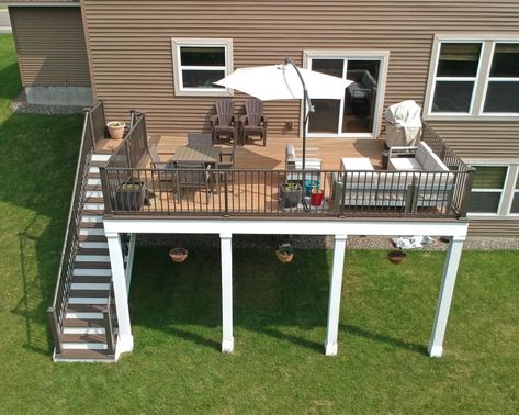 Deck Off Second Story, 2 Story Deck Ideas Walkout Basement, Deck Ideas For Bilevel Homes, Add Stairs To Deck, 2nd Story Deck Stairs, High Deck Ideas Backyards, Deck Off Back Of Split Level House, Deck Back Of House, Front Deck With Stairs