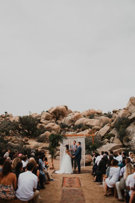 Sunset desert wedding at The Ruin Venue in Joshua Tree Wedding Venues Joshua Tree, Moab Wedding Venues, Joshua Tree Wedding Ceremony, Desert Wedding Ceremony, Tree Wedding Ceremony, Moab Wedding, Desert Party, Married Af, Sunset Desert