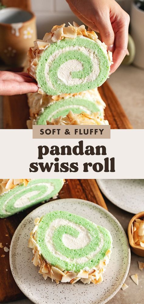 This soft and fluffy pandan swiss roll is filled with whipped cream and covered with toasted coconut flakes. Includes all my tips and foolproof roll cake recipe that never rips or ripples when rolled up! Pandan Roll Cake, Coconut Roll Cake, Pandan Swiss Roll, Ube Roll Cake Recipe, Foolproof Cake Recipe, Swiss Desserts, Arctic Roll, Roll Desserts, Healthy Holiday Baking