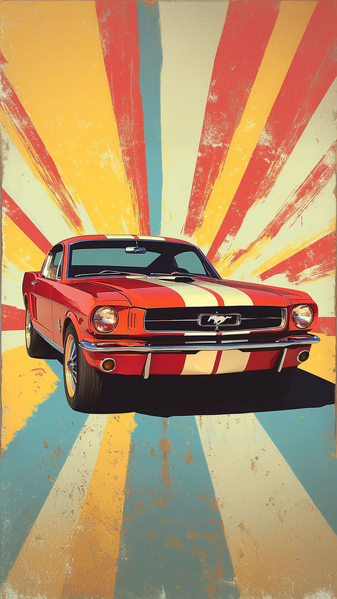 A vintage Ford Mustang in a vibrant red color with a white stripe down the center, set against a background of colorful radial lines in yellow, blue, and red. The car is depicted in a retro art style. Automotive Poster Design, Old Car Posters, Swag Poster, Vintage Car Art, Retro Eye, Mustang Art, Ford Mustang 1967, Cars Art, Vintage Mustang