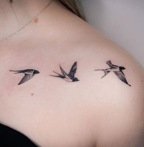 Spectacular, Soaring bird tattoos , that are surprisingly affordable. 3 Birds Tattoo Collar Bone, Wrist Swallow Tattoo, Haming Bird Tattoo Design, Collarbone Bird Tattoos For Women, Three Flying Birds Tattoo, 3 Swallow Bird Tattoo, Three Birds Flying Tattoo, Delicate Swallow Tattoo, Birds Chest Tattoo Female