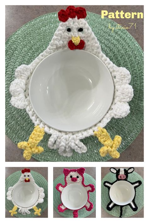 Crochet Pot Holders Free Pattern, Crochet Bowl, Chicken Pattern, Cozy Crochet Patterns, Crochet Chicken, Confection Au Crochet, Crochet Cozy, Bowl Cozy, Crochet Cow