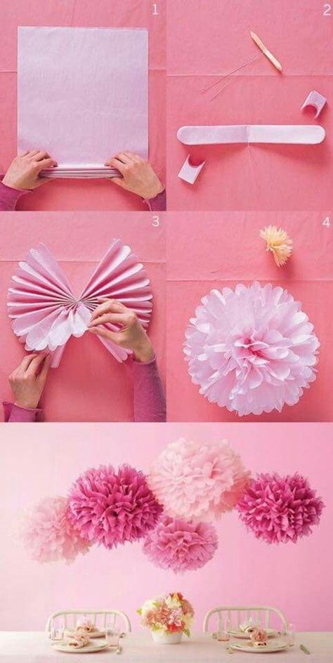 Pink Pom Poms, Diy Pom Poms, Presente Diy, Tissue Pom Poms, Diy Flores, Paper Flower Wall Decor, Trendy Baby Shower Ideas, Paper Pom Poms, Tissue Paper Flowers