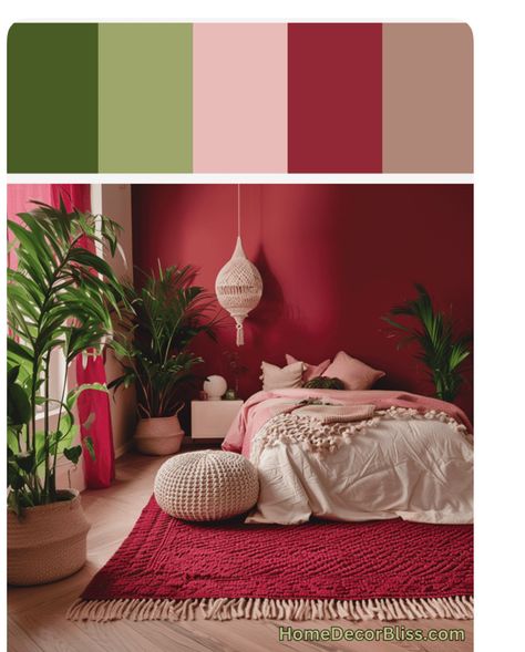 Pink Red Room Decor, Bright Pink Bedroom Walls, Red Bohemian Bedroom, Berry Bedroom Ideas, Red Interior Design Bedroom, Color Theory Bedroom, Red Pink Living Room, Small Bohemian Bedroom Ideas, Pink Boho Room Ideas