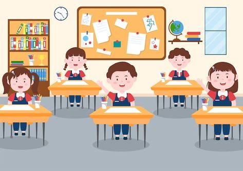 Primary school with cute little students... | Premium Vector #Freepik #vector #kids-class #kids-classroom #study-cartoon #kids-study School Aesthetic Classroom, Aesthetic Classroom, Student Cartoon, Poster Drawing, Student Studying, Cartoon Pics, In The Classroom, Educational Activities, Cartoon Illustration